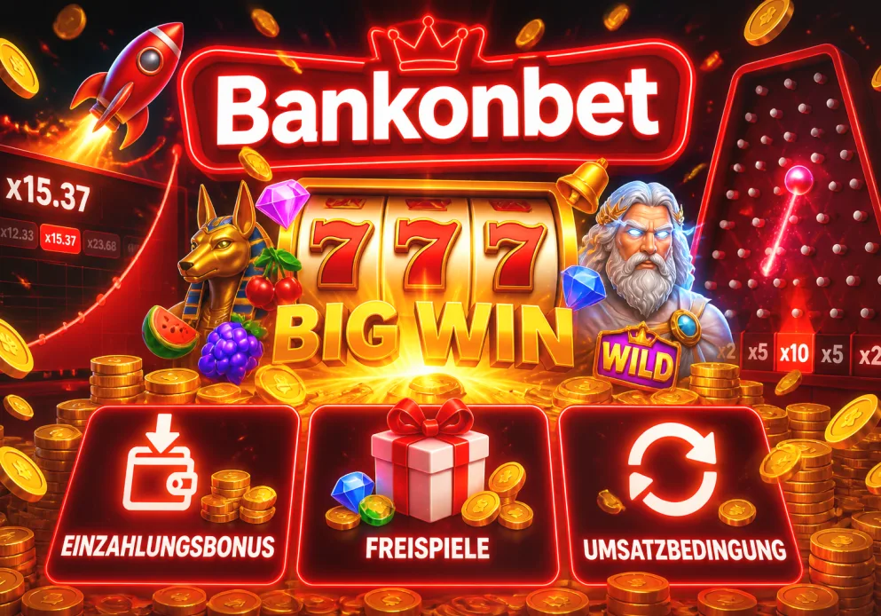Bonusübersicht von Bankonbet mit Einzahlungsbonus, Freispielen und der Umsatzbedingung auf einem Casino-Konto